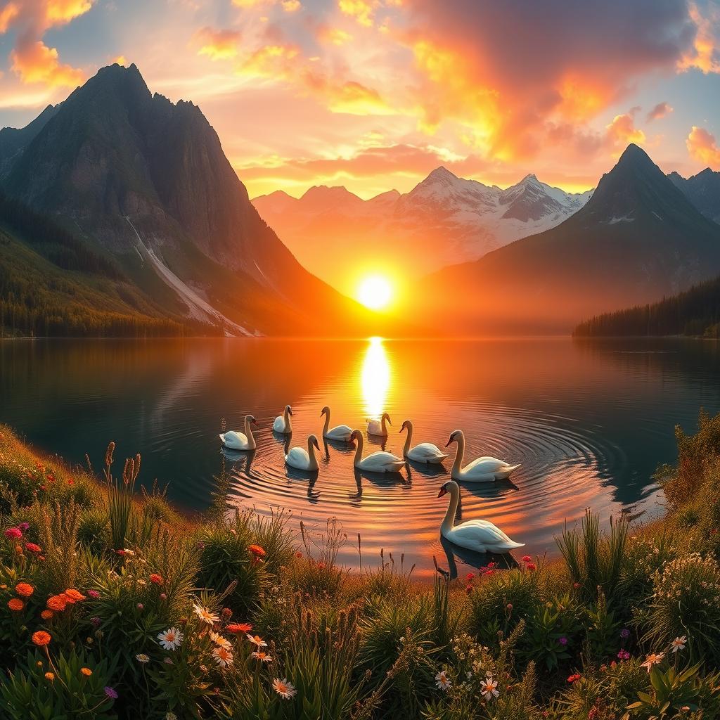 A majestic landscape scene depicting a serene lake surrounded by towering mountains, the sun setting in the background, casting a warm golden light across the water