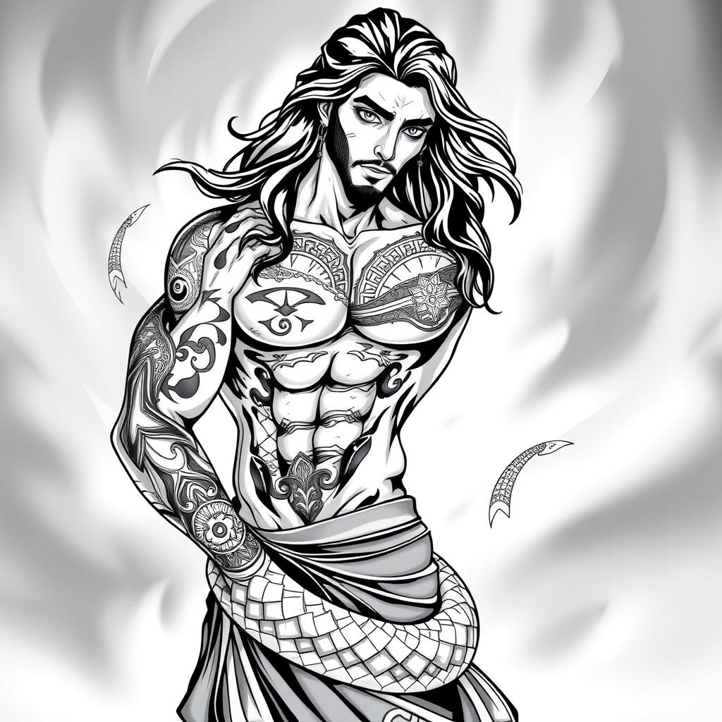 A striking black and white illustration of a beautiful Arabian man with features that blend human and serpent characteristics