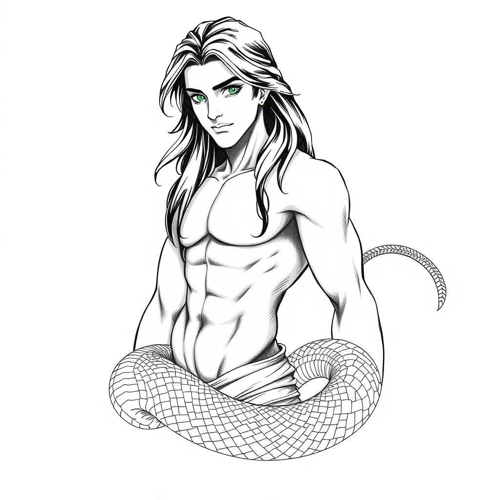 A captivating black and white drawing of a beautiful Arabian man with distinct features, blending human and snake characteristics