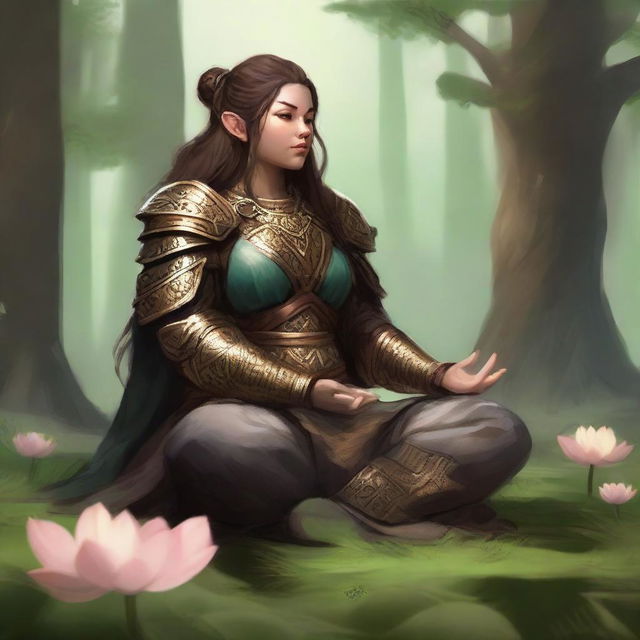 Inside a tranquil surrounding, a dwarven female druid, limited to control over just wood and earth elements, meditates in a lotus pose whilst wearing her heavy armor. A powerful aura of earth and wood energy softly floats around her.