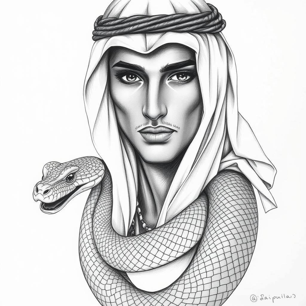 A stunning black and white drawing of a beautiful Arabian man who is half human and half snake