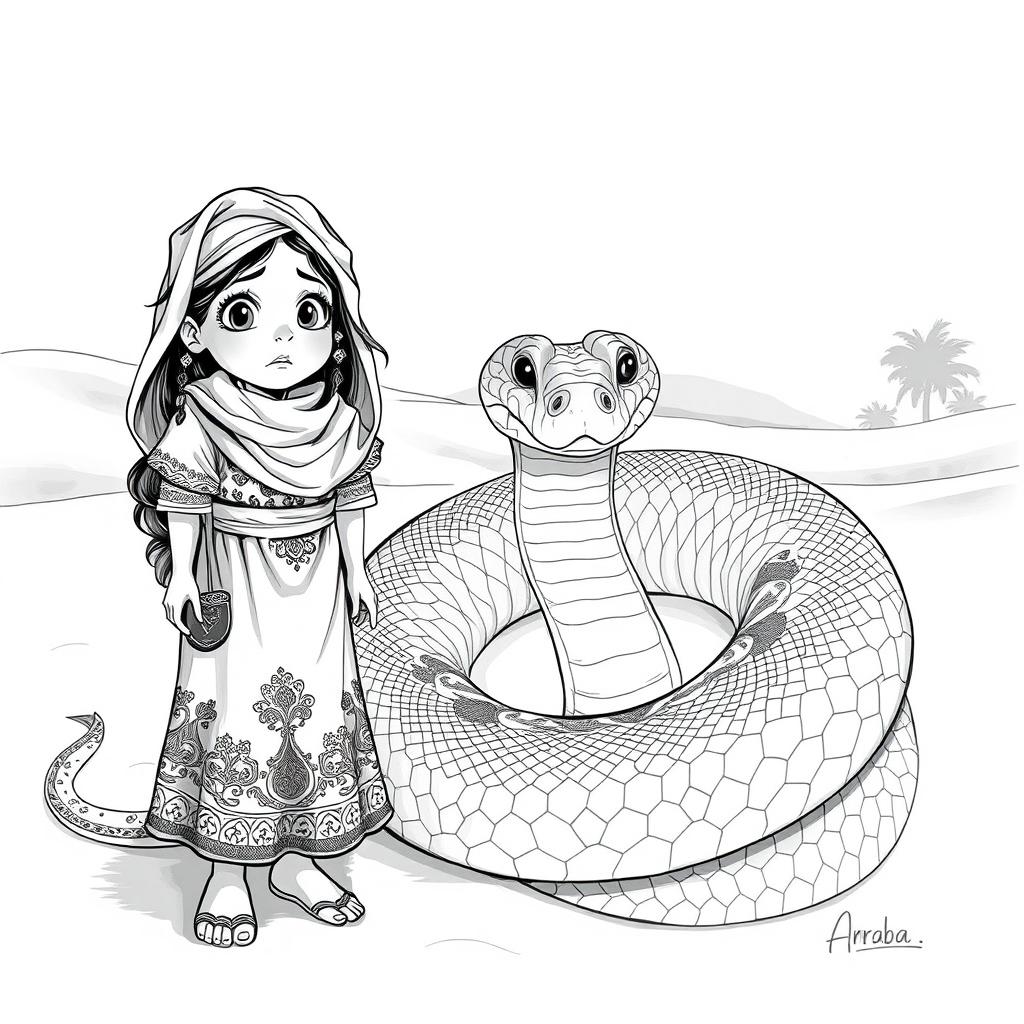 A beautiful, scared young girl from Arabia standing next to a huge snake in a detailed black and white drawing