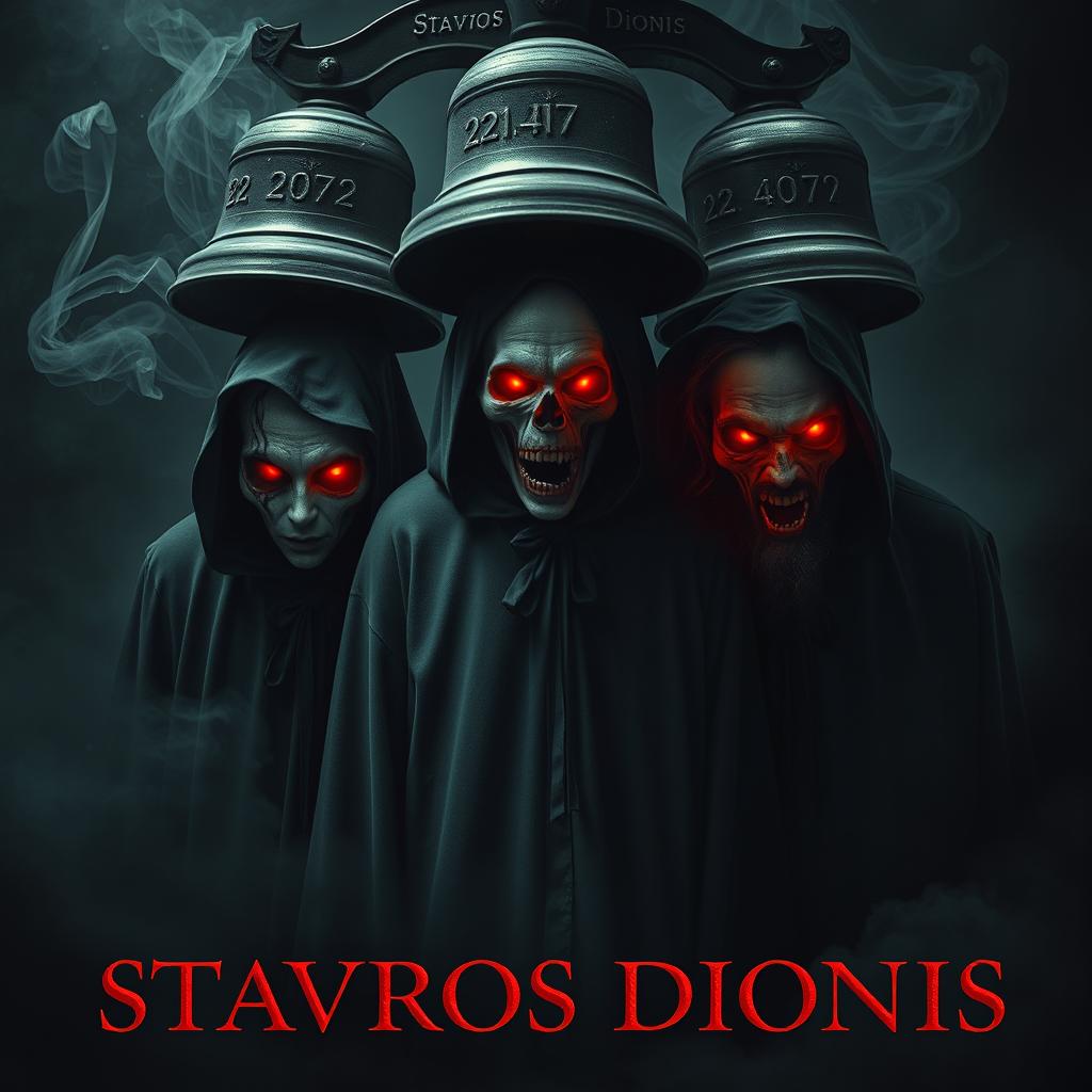 A haunting cinematic horror poster featuring three ghosts with half-burned faces, wearing grim reaper dresses