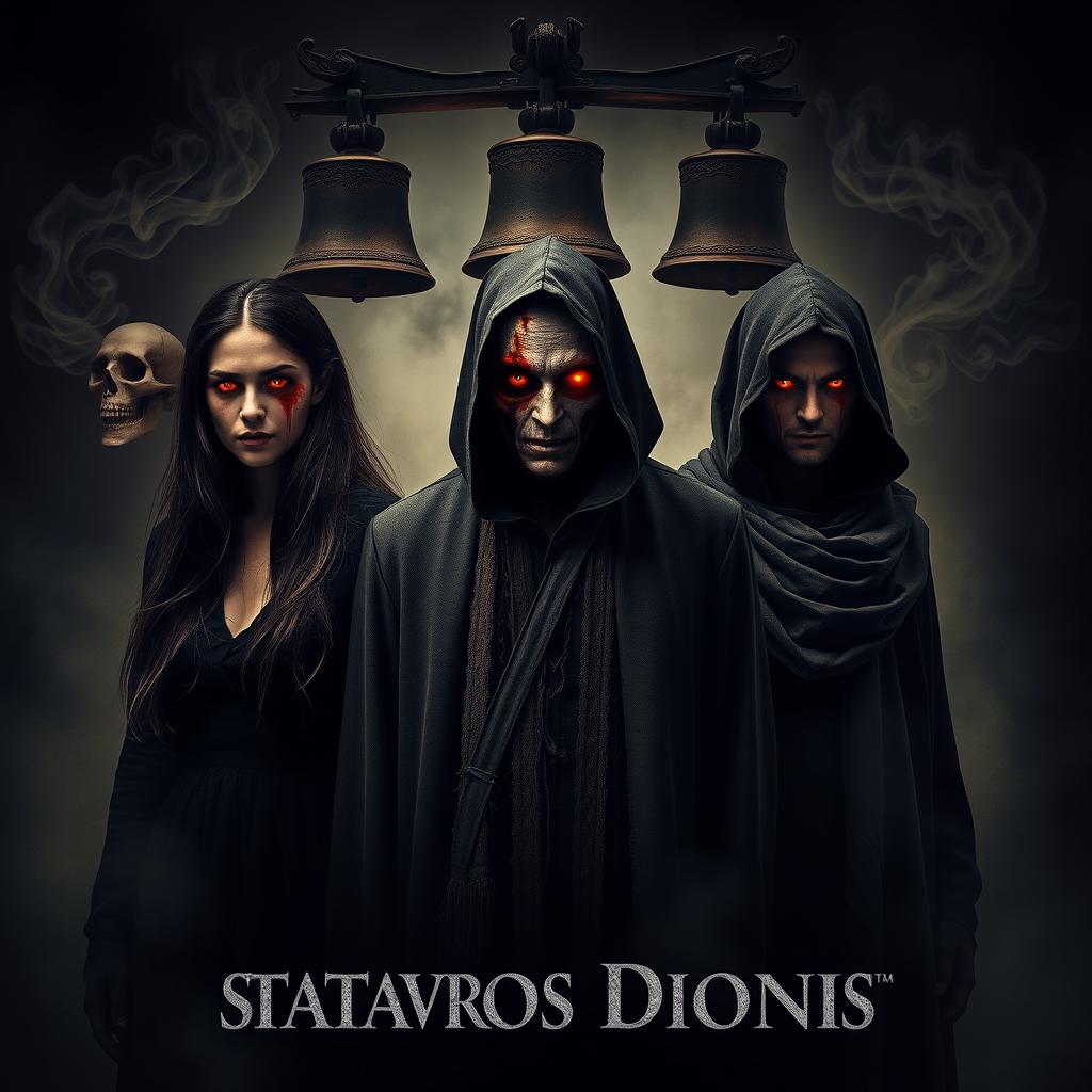 A haunting cinematic horror poster featuring three ghostly figures with half-burned faces, dressed in grim reaper attire