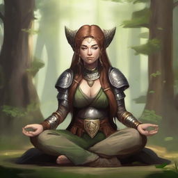 Inside a tranquil surrounding, a dwarven female druid, limited to control over just wood and earth elements, meditates in a lotus pose whilst wearing her heavy armor. A powerful aura of earth and wood energy softly floats around her.