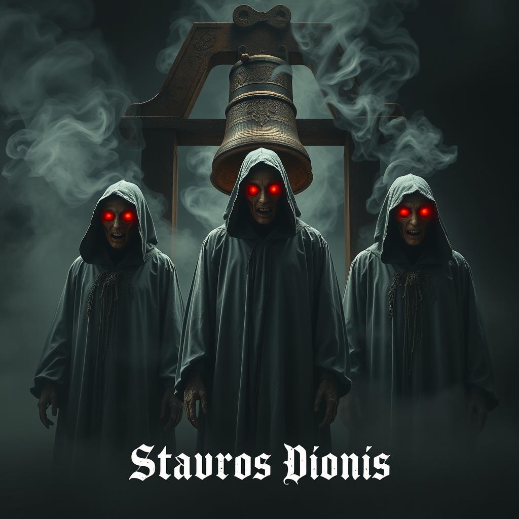 Three ghostly figures, each with half-burned faces, dressed in tattered Grim Reaper robes, create a haunting scene