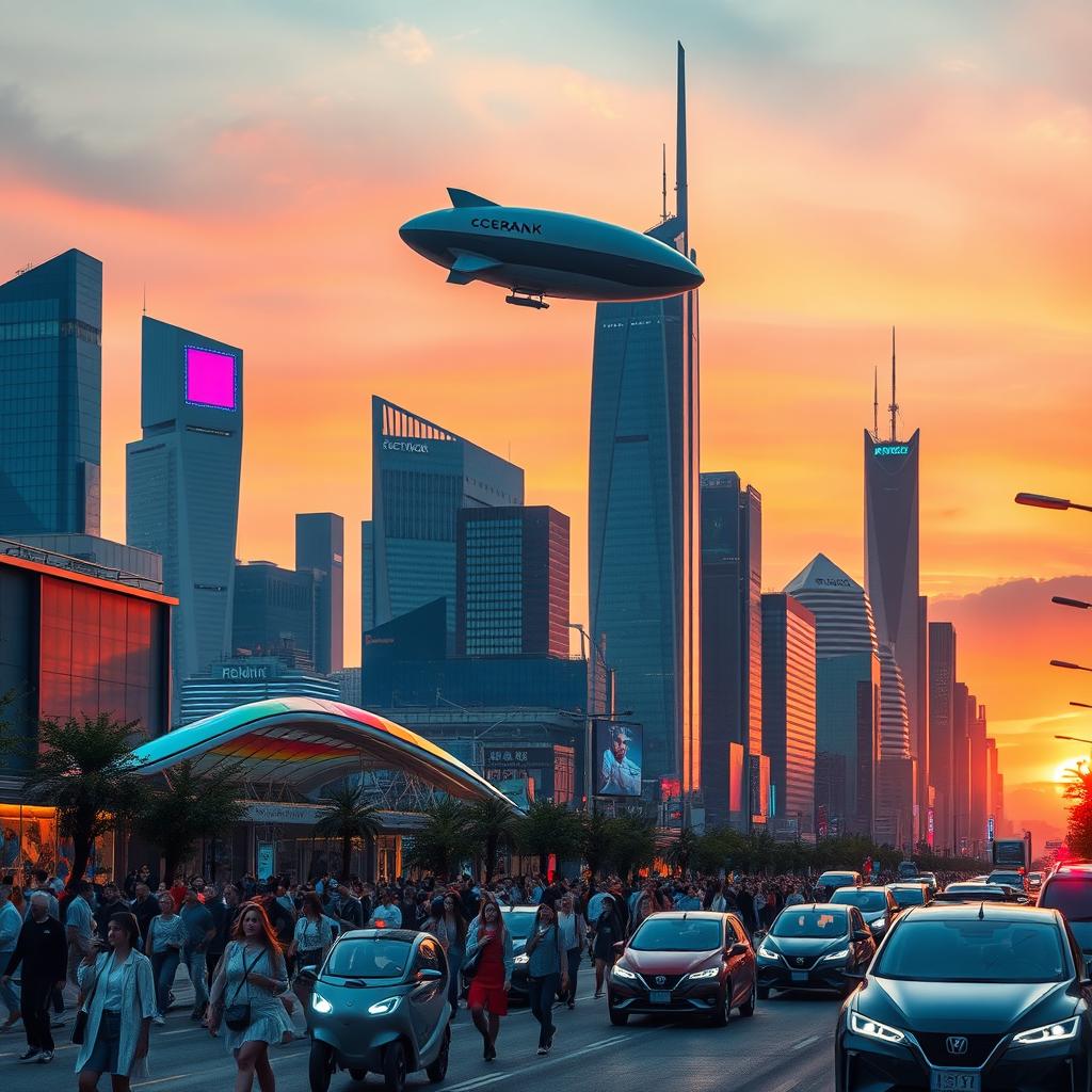A futuristic cityscape at sunset, with sleek skyscrapers adorned with vibrant neon lights