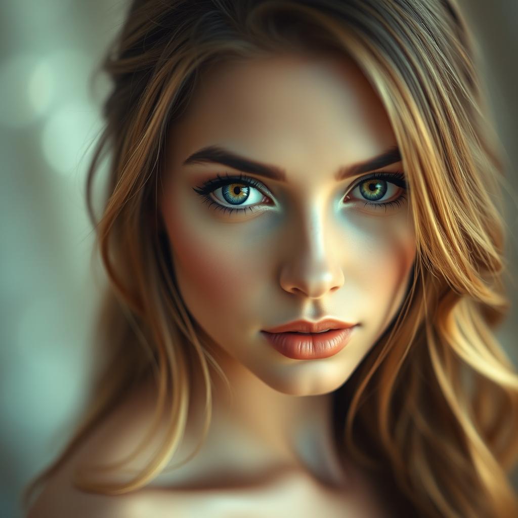 A close-up of a beautiful woman with striking features and captivating expression