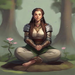 Inside a tranquil surrounding, a dwarven female druid, limited to control over just wood and earth elements, meditates in a lotus pose whilst wearing her heavy armor. A powerful aura of earth and wood energy softly floats around her.