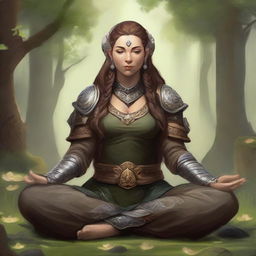 Inside a tranquil surrounding, a dwarven female druid, limited to control over just wood and earth elements, meditates in a lotus pose whilst wearing her heavy armor. A powerful aura of earth and wood energy softly floats around her.