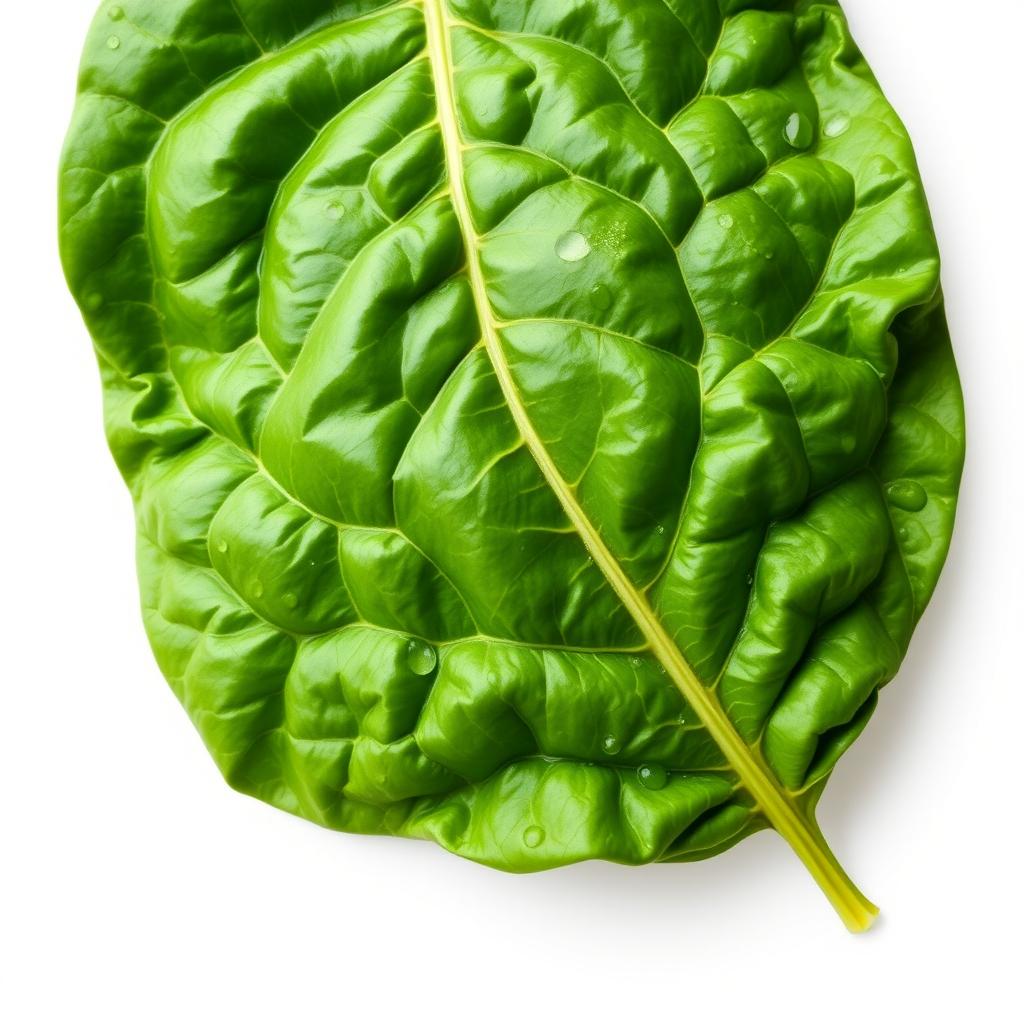 A large, vibrant green spinach leaf, with rich textures and veins clearly visible, set against a clean white background