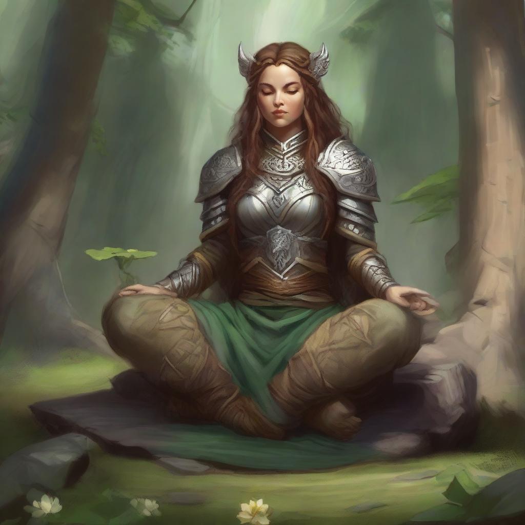 A serene dwarven female druid clad in heavy armor, seated in tranquil meditation adopting the lotus pose. A captivating aura of earth and wood energy manifests around her, a testament to her deep embrace of natural elements.