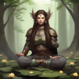 A serene dwarven female druid clad in heavy armor, seated in tranquil meditation adopting the lotus pose. A captivating aura of earth and wood energy manifests around her, a testament to her deep embrace of natural elements.