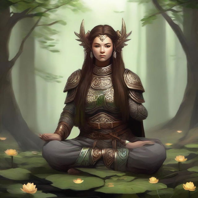 A serene dwarven female druid clad in heavy armor, seated in tranquil meditation adopting the lotus pose. A captivating aura of earth and wood energy manifests around her, a testament to her deep embrace of natural elements.