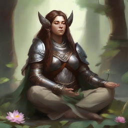 A serene dwarven female druid clad in heavy armor, seated in tranquil meditation adopting the lotus pose. A captivating aura of earth and wood energy manifests around her, a testament to her deep embrace of natural elements.