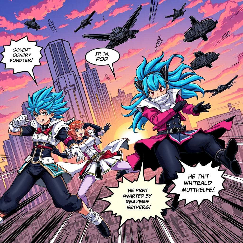 A dynamic comic-style artwork featuring a group of anime-style characters engaged in a fierce battle scene