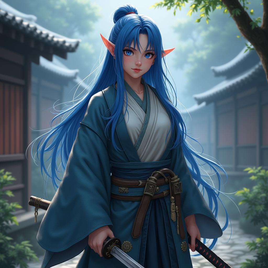 An eighteen-year-old female half-elf ronin, characterized by her striking blue hair that cascades elegantly down her shoulders