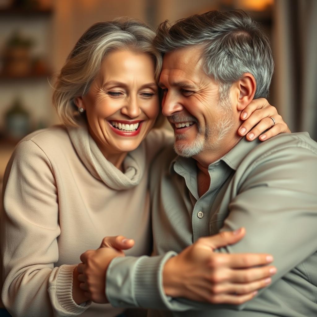 A beautiful mature woman with an inviting smile and captivating features is playfully sharing a moment with a man, creating an atmosphere filled with warmth and affection