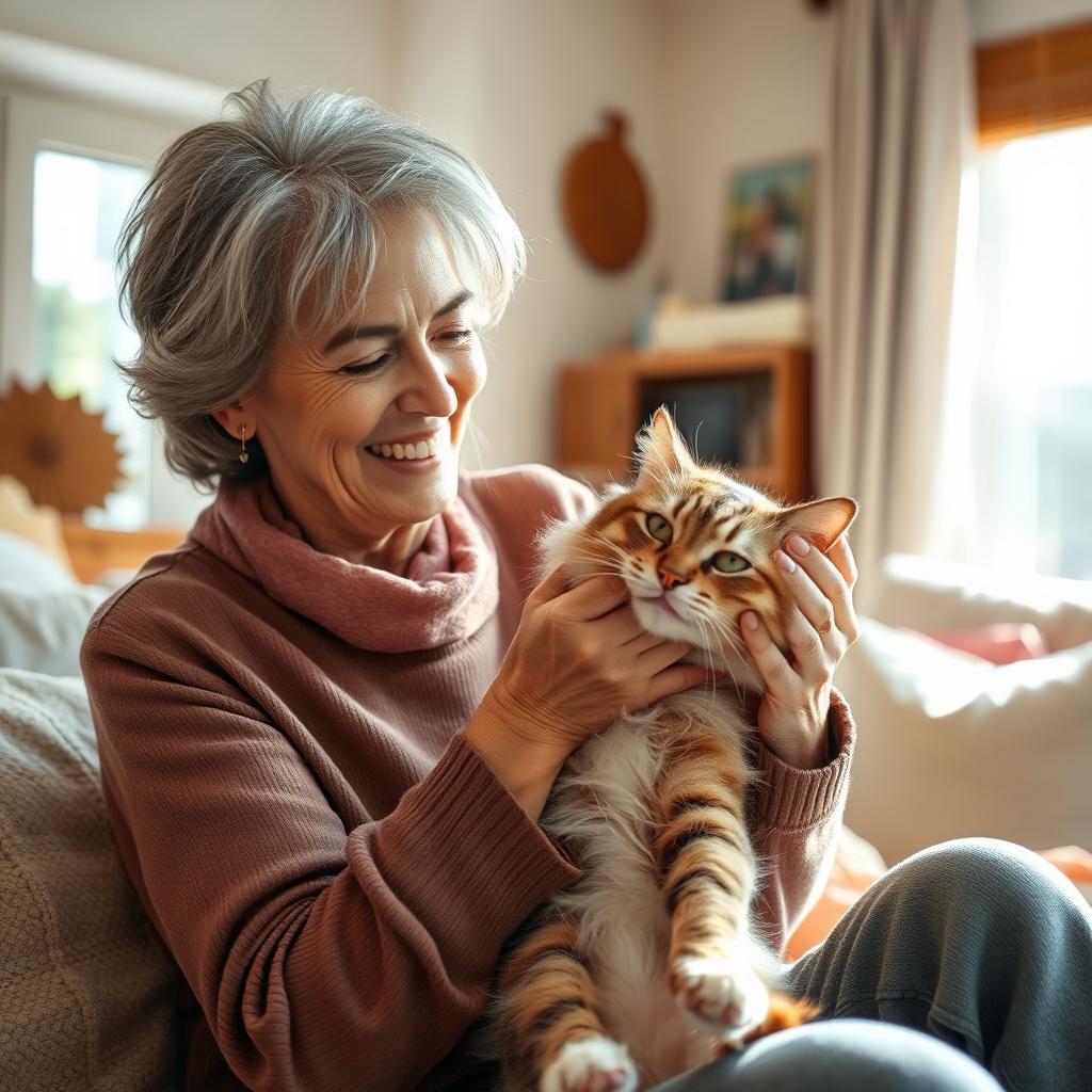 A beautiful mature woman with graceful features, wearing comfortable and stylish clothing, is playfully interacting with a fluffy cat