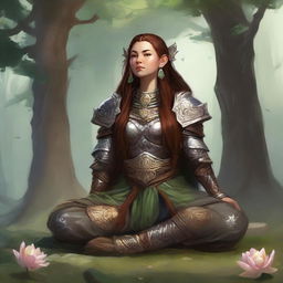 A serene dwarven female druid clad in heavy armor, seated in tranquil meditation adopting the lotus pose. A captivating aura of earth and wood energy manifests around her, a testament to her deep embrace of natural elements.