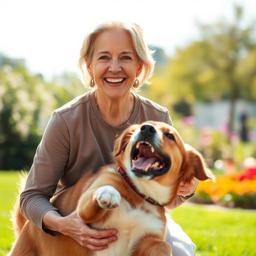 A beautiful mature woman with graceful features and a warm smile is joyfully playing with a happy dog in a sunlit park