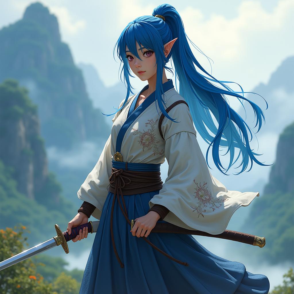 An eighteen-year-old female half-elf ronnin, featuring striking blue hair that cascades freely as she stands in a poised yet ready stance