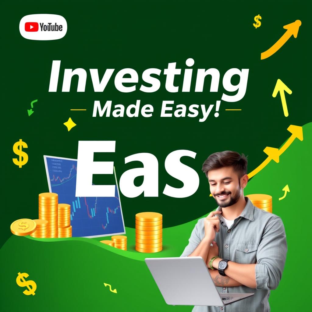 A vibrant and eye-catching YouTube thumbnail for financial investments, featuring a dynamic layout with bold text that reads 'Investing Made Easy!' The background is a blend of green and gold tones, symbolizing prosperity and wealth