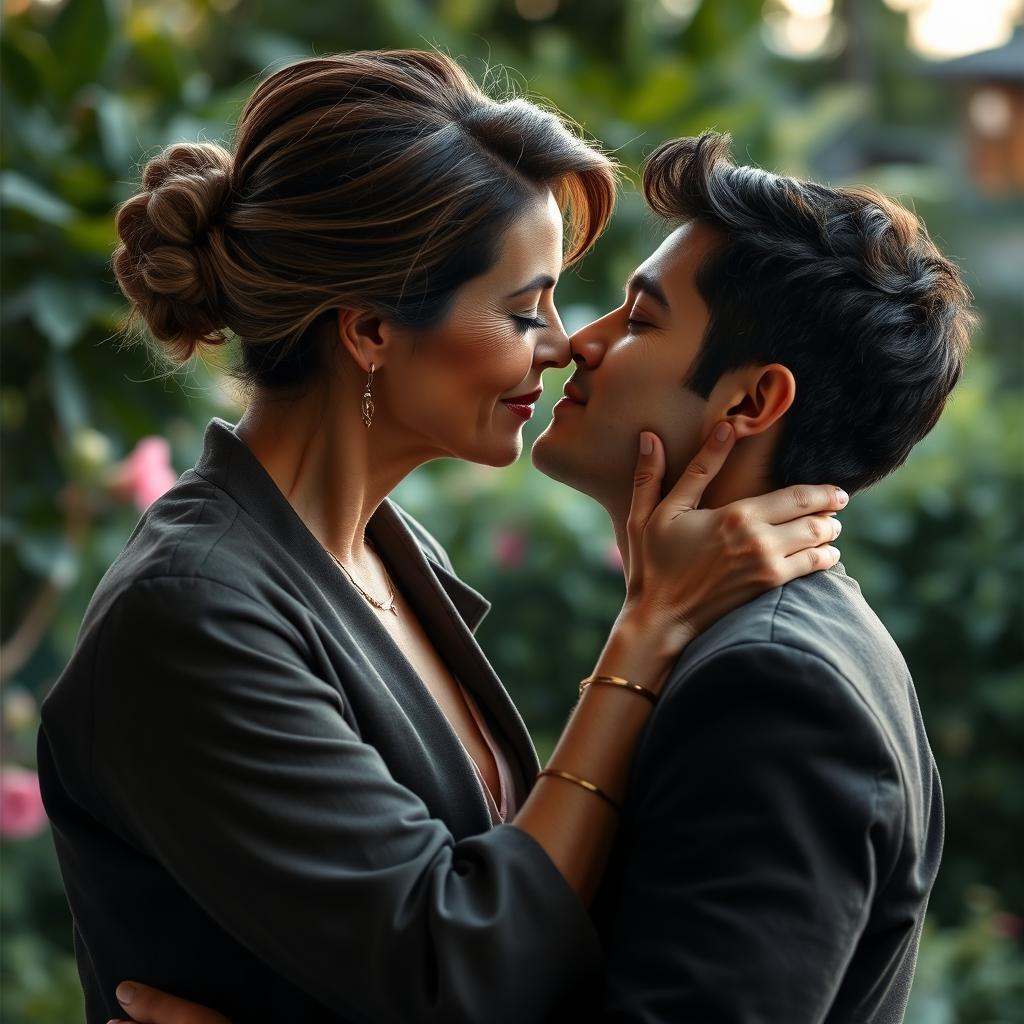A beautiful mature woman with elegant features and a graceful appearance is sharing a passionate kiss with a young man