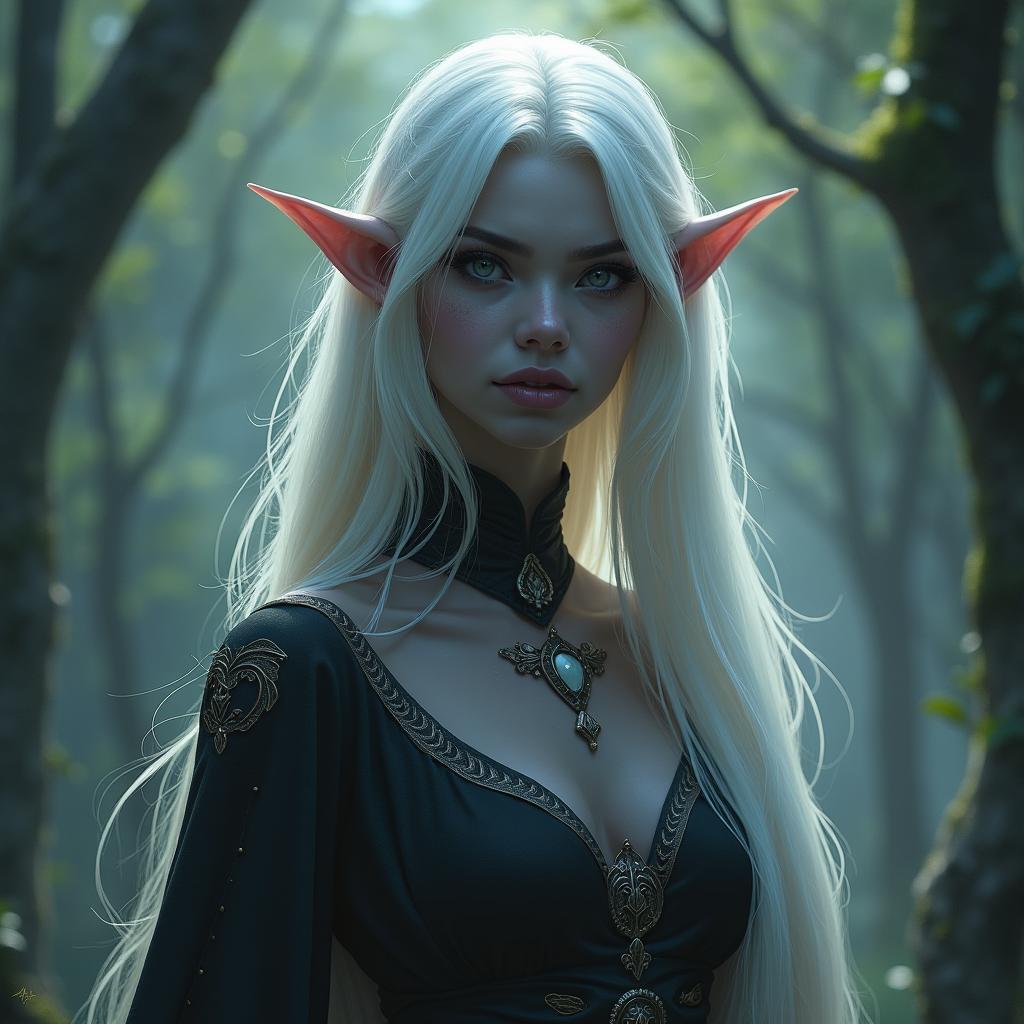 A captivating portrait of an 18-year-old female Drow, a dark knight elf, showcasing her striking features