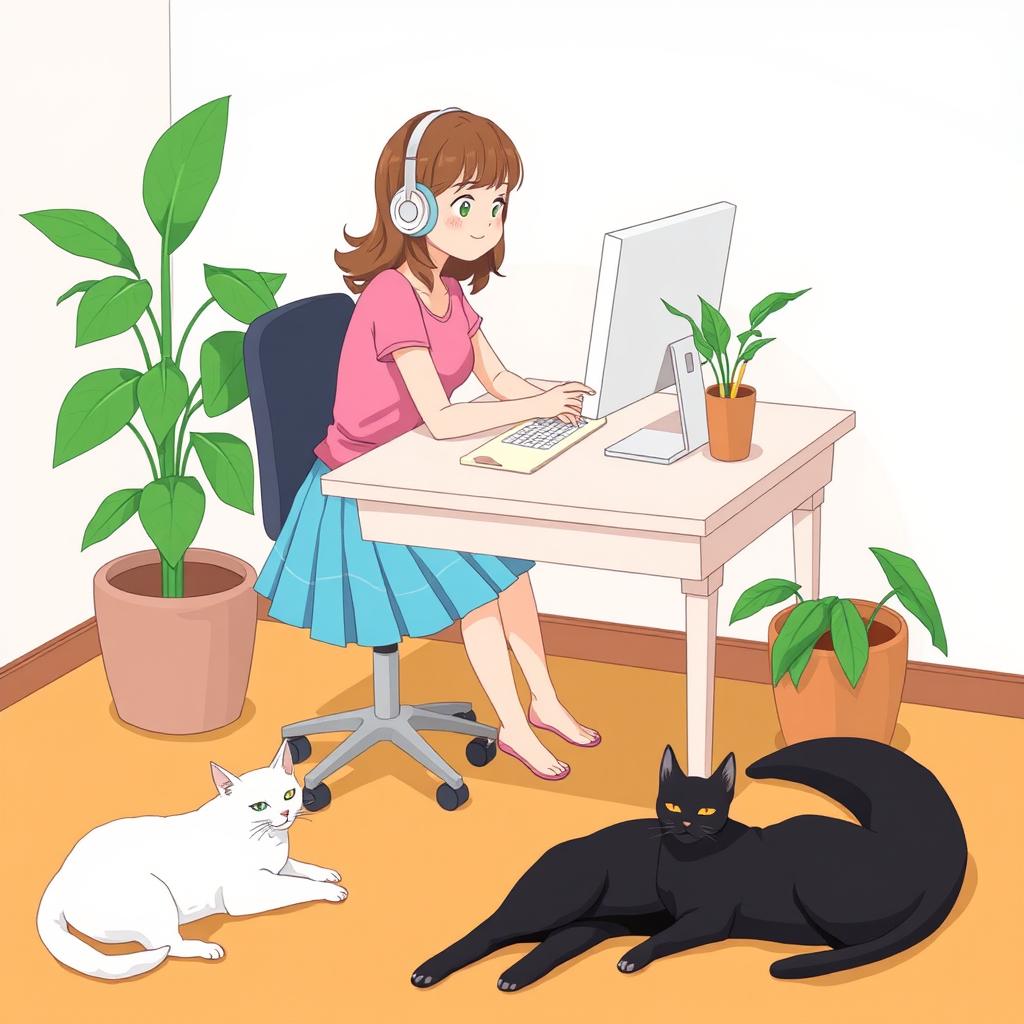 A girl sitting at a table with a computer monitor, wearing a pink top and a blue pleated skirt, listening to something through headphones