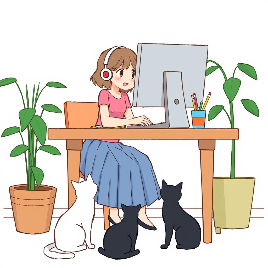 An illustrated scene featuring a girl sitting at a table with a computer monitor, wearing a pink top and a blue pleated skirt, appearing engaged as she listens or talks with headphones