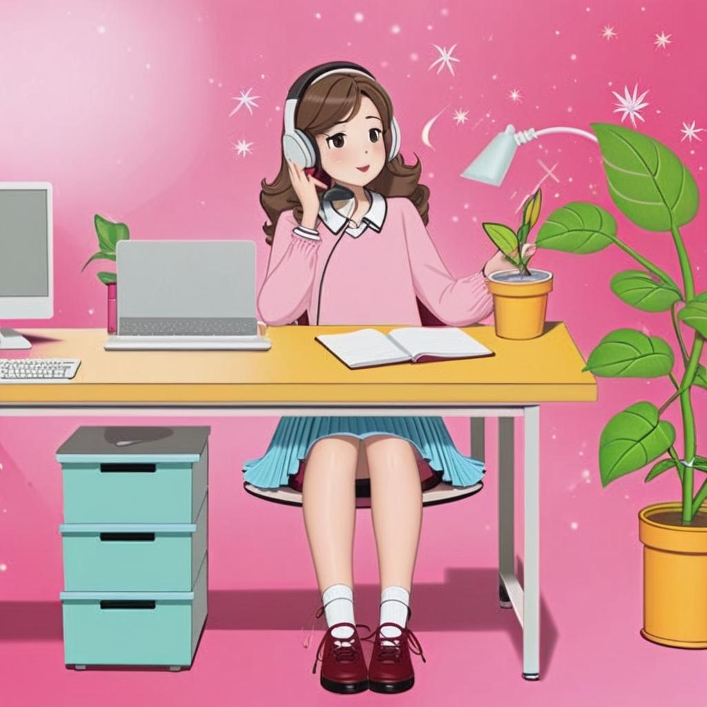 There is a computer monitor on the table in the form of an illustration. There are also details on the table such as a flower and a pencil holder.
A girl is sitting in front of the table; she seems to be listening to something or talking with headphones. She is wearing a pink top and a blue pleated skirt.
A large green potted plant is standing next to the table.
A white cat and a black cat are sitting on the floor around the table.