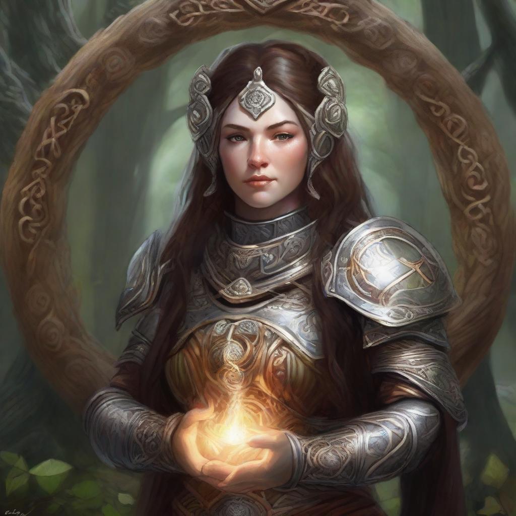 Engrossed in deep meditation, a dwarven female kineticist, donned in her heavy armor, manifests her profound connection to nature. A tangible energy of earth and wood swirls all around her in a symbolic representation of her elemental control.