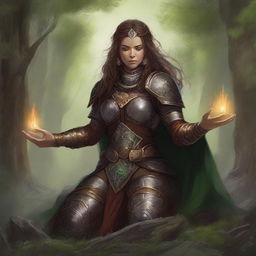 Engrossed in deep meditation, a dwarven female kineticist, donned in her heavy armor, manifests her profound connection to nature. A tangible energy of earth and wood swirls all around her in a symbolic representation of her elemental control.