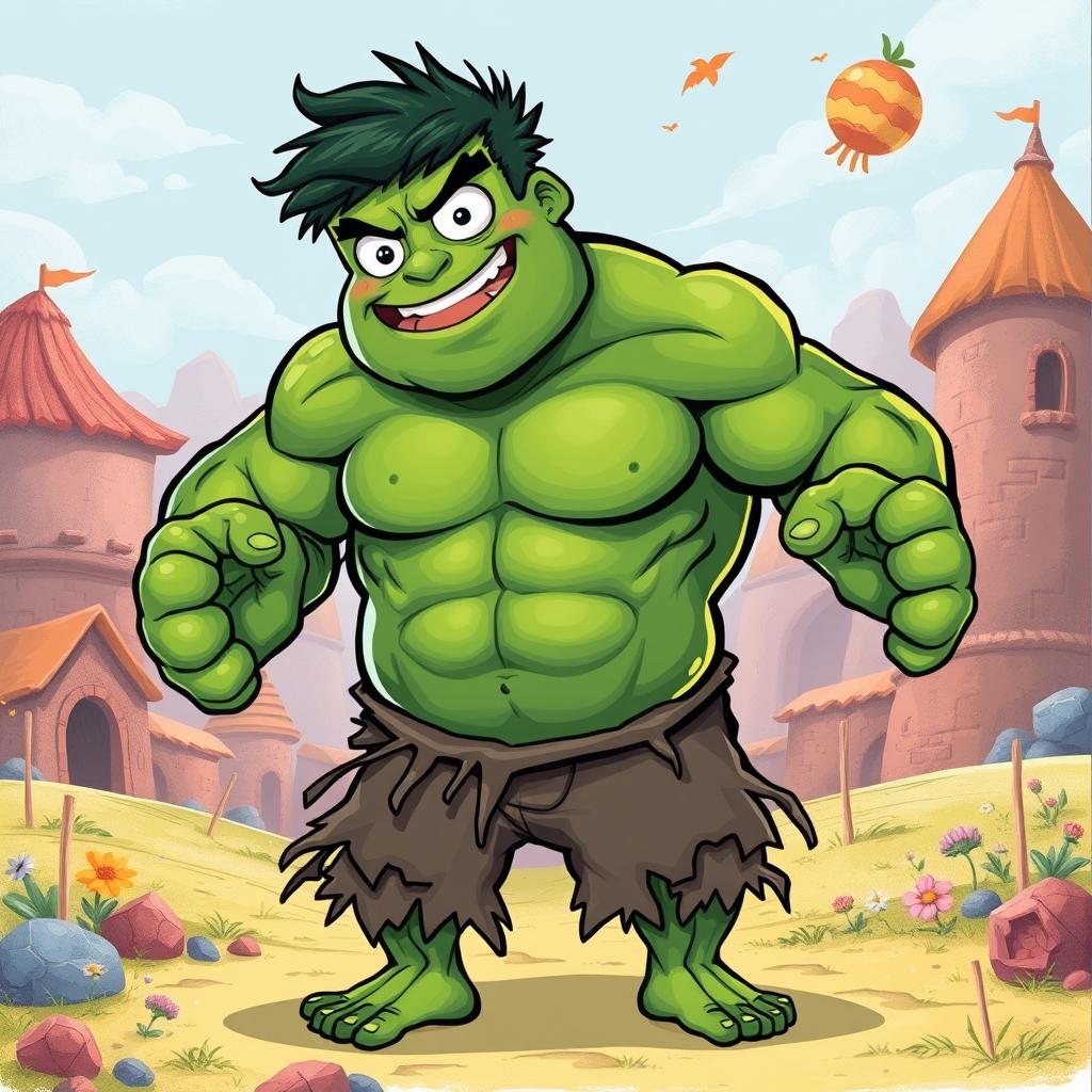 A playful illustration of Kolobok reimagined as the Hulk, integrating elements of the classic fairy tale character with the iconic superhero