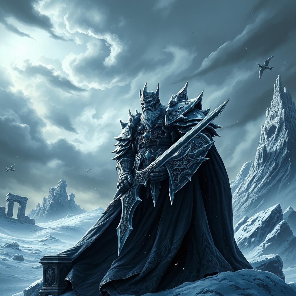 A powerful scene depicting the Lich King from World of Warcraft, situated prominently on the back of a dramatic fantasy landscape