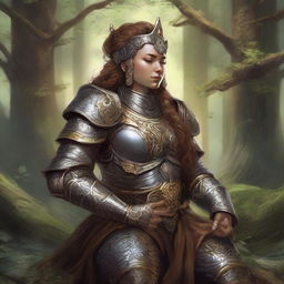 Engrossed in deep meditation, a dwarven female kineticist, donned in her heavy armor, manifests her profound connection to nature. A tangible energy of earth and wood swirls all around her in a symbolic representation of her elemental control.