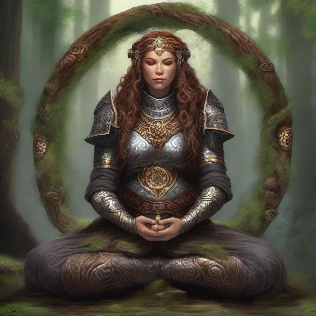 Engrossed in deep meditation, a dwarven female kineticist, donned in her heavy armor, manifests her profound connection to nature. A tangible energy of earth and wood swirls all around her in a symbolic representation of her elemental control.