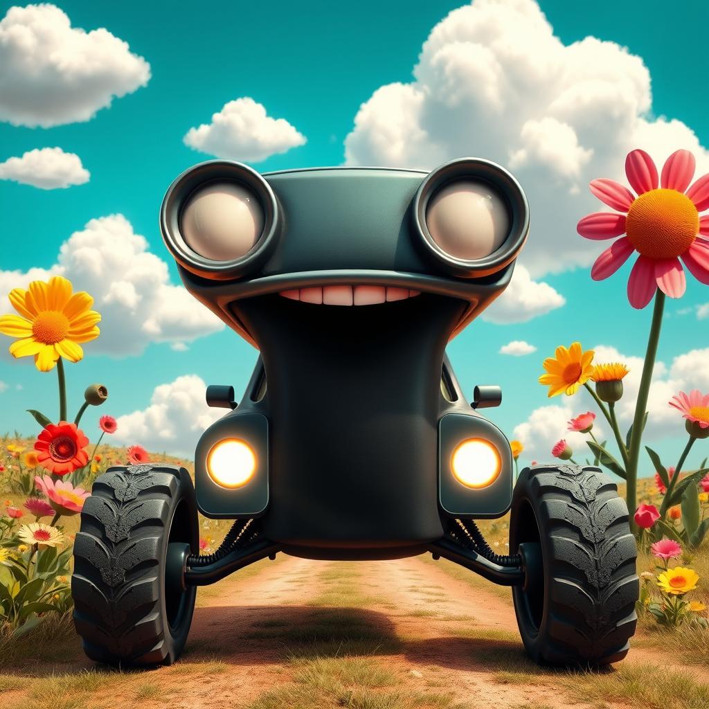 A surreal and humorous scene featuring a whimsical t-shirt design that depicts an absurd car head with oversized wheels and a cartoonish expression