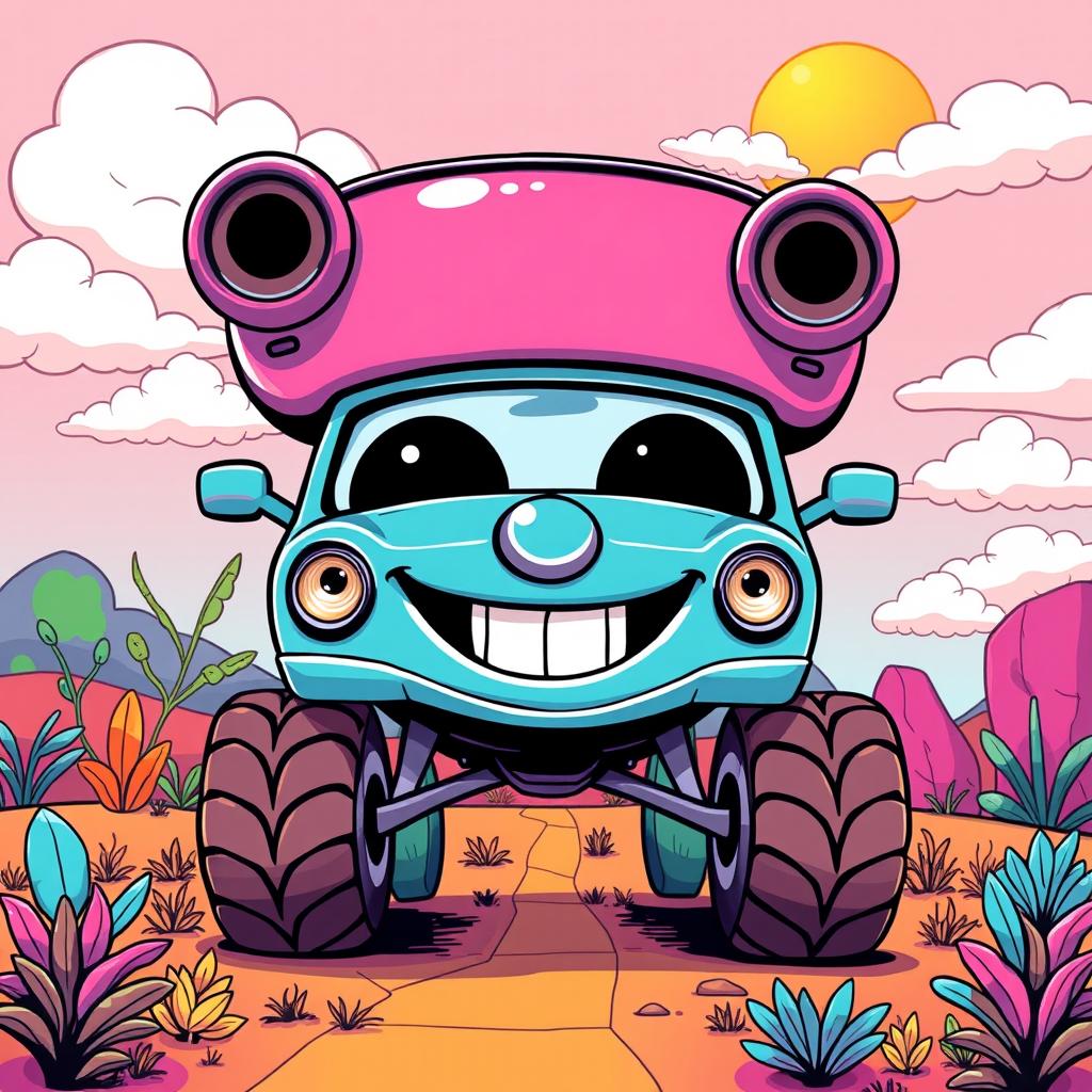 A whimsical t-shirt design featuring a humorous and absurd concept of a car with a giant head, designed in a fun and cartoonish style