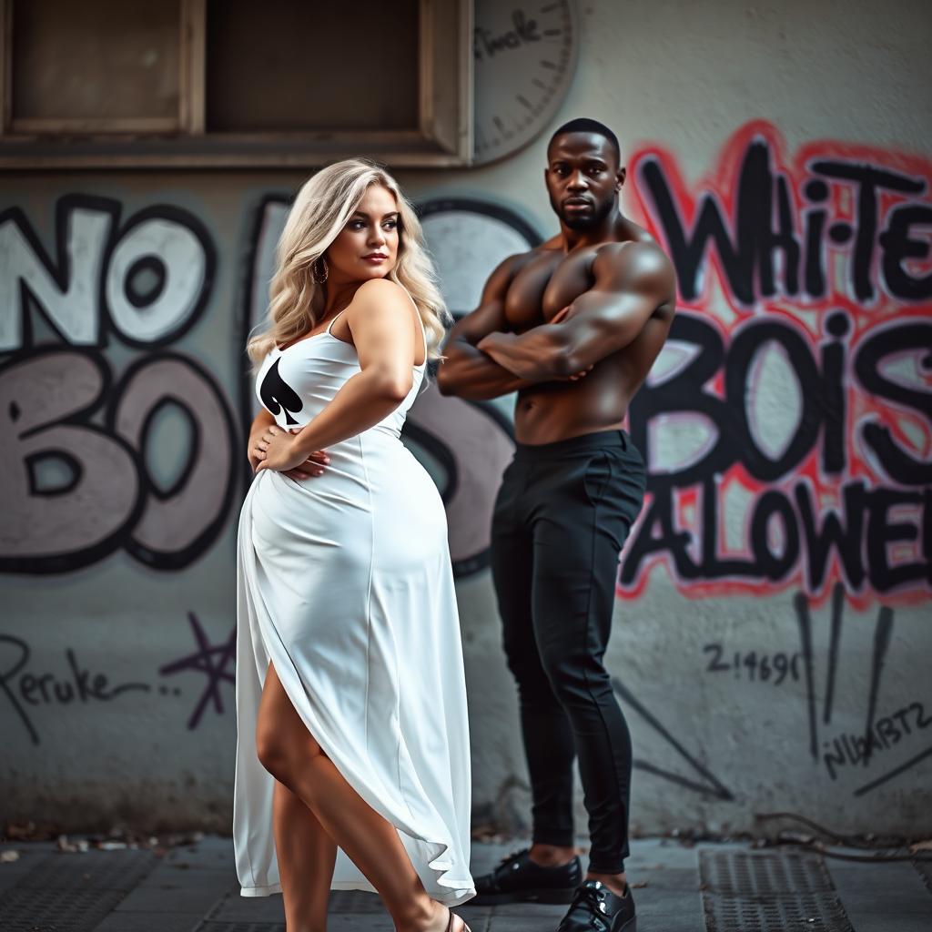 A thick curvy white Scandinavian woman with blonde hair wearing a flowing white dress featuring a spades logo, standing sideways to showcase her curves
