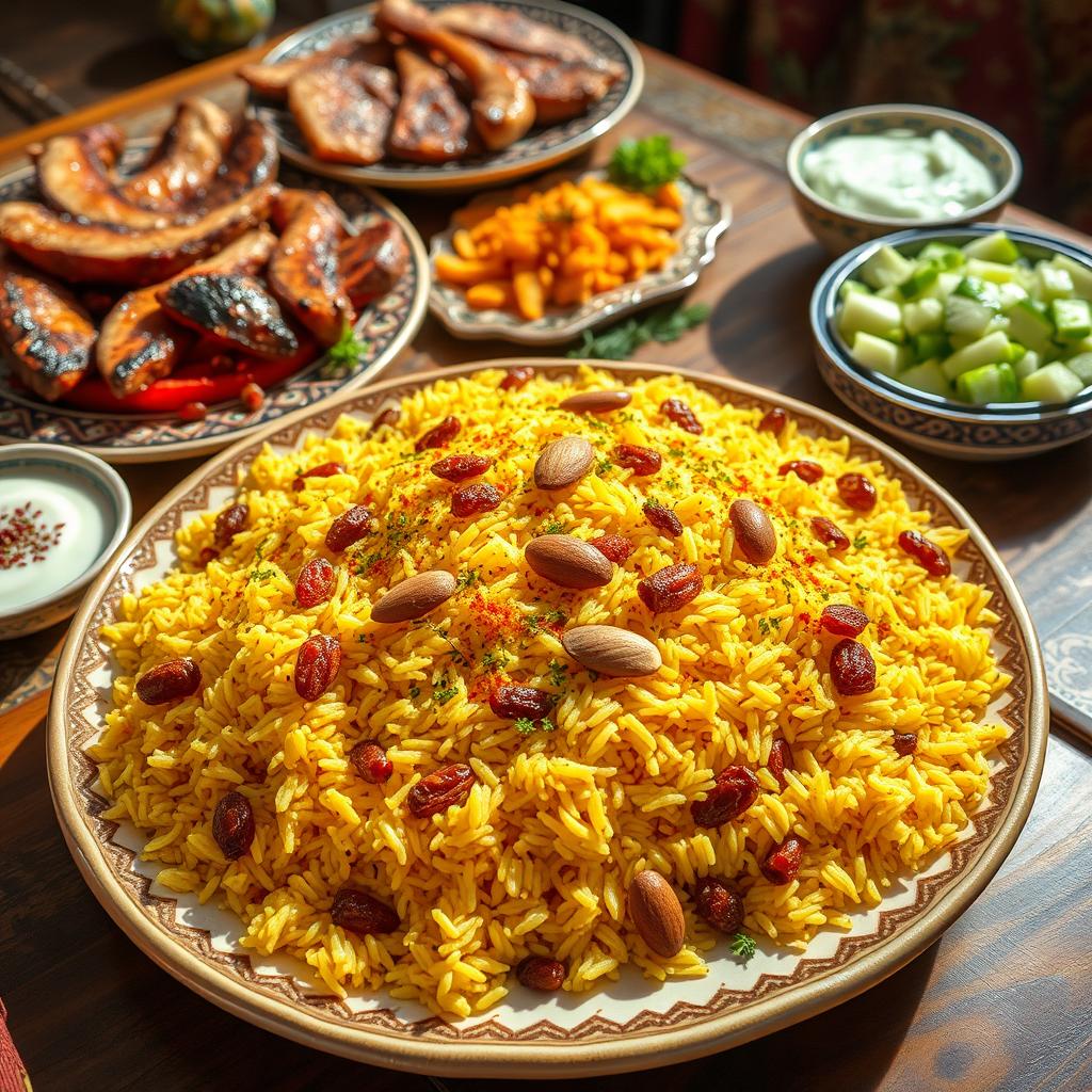 A vibrant depiction of a traditional Bagameasi pula, a popular rice dish from the Middle East