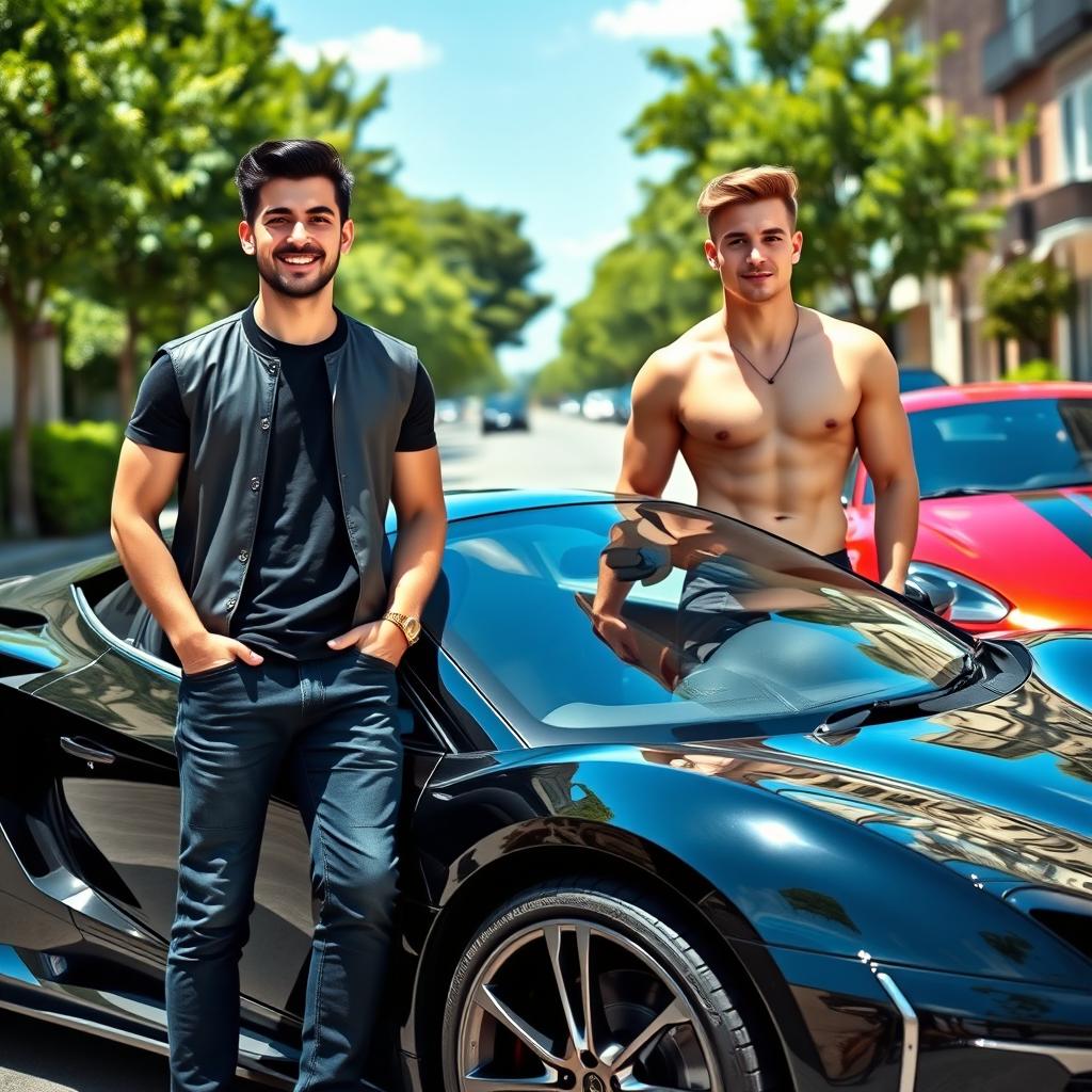 A scene featuring two attractive young men in their prime, one Albanian and one Romanian, standing proudly beside their cars