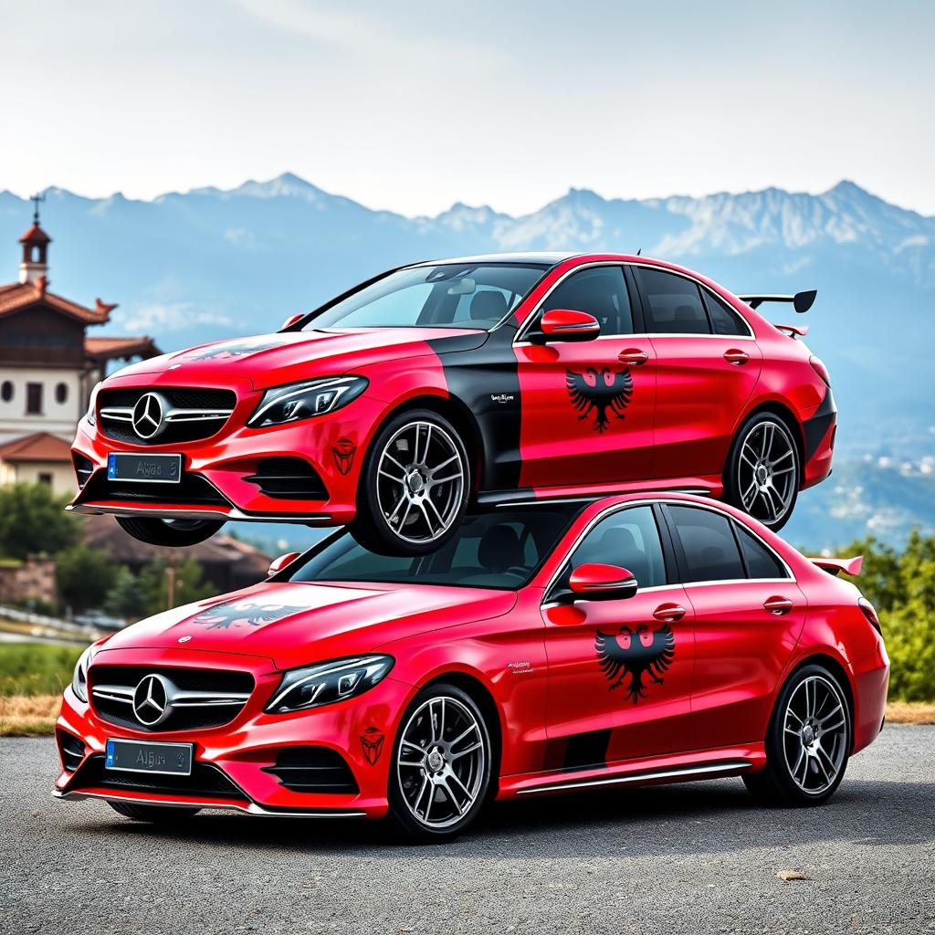 A strikingly distinctive Albanian-themed Mercedes car, showcasing vibrant national colors of red and black, adorned with elegant designs inspired by Albanian cultural symbols
