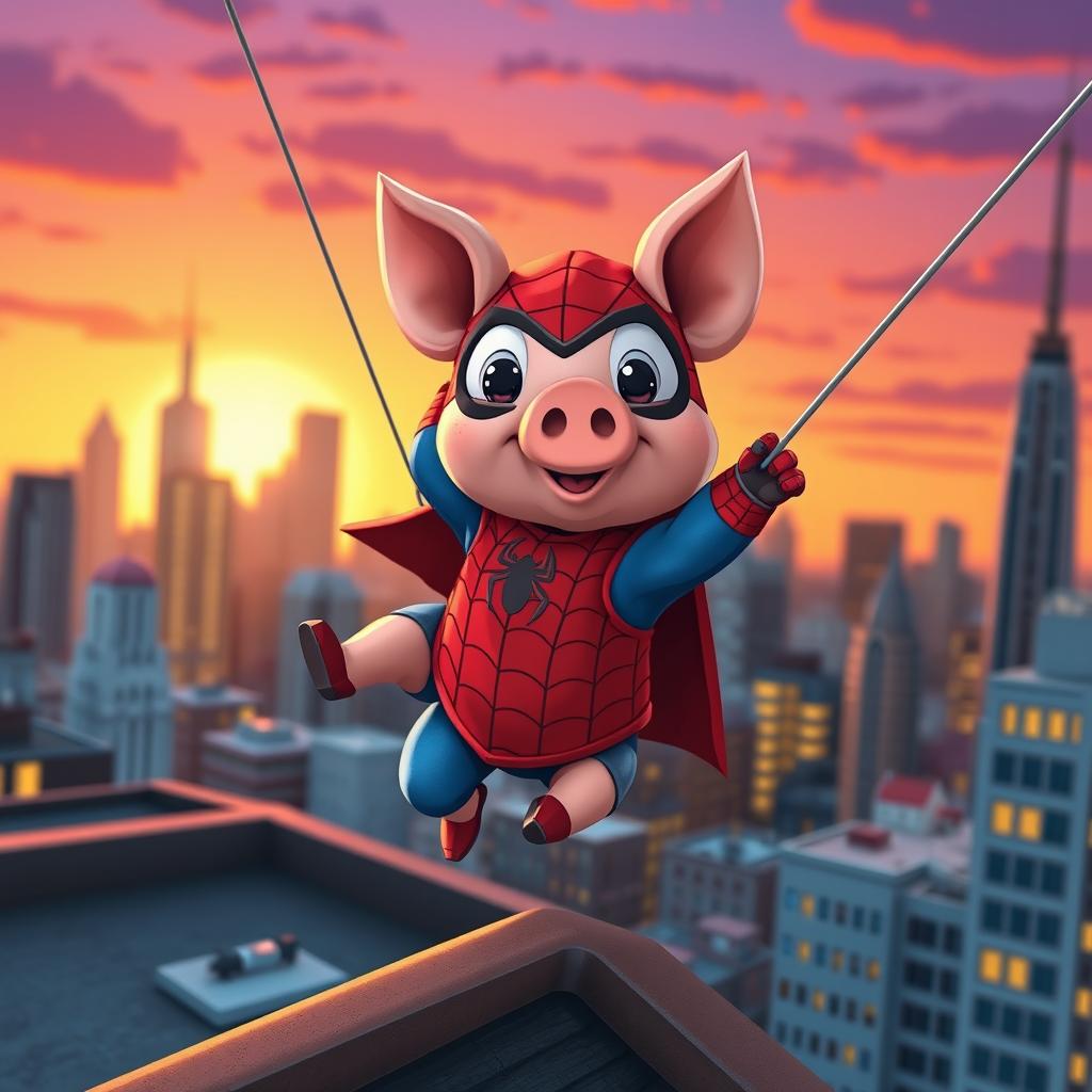 A whimsical reinterpretation of Spider-Man as a cute, cartoonish piglet featuring superhero motifs