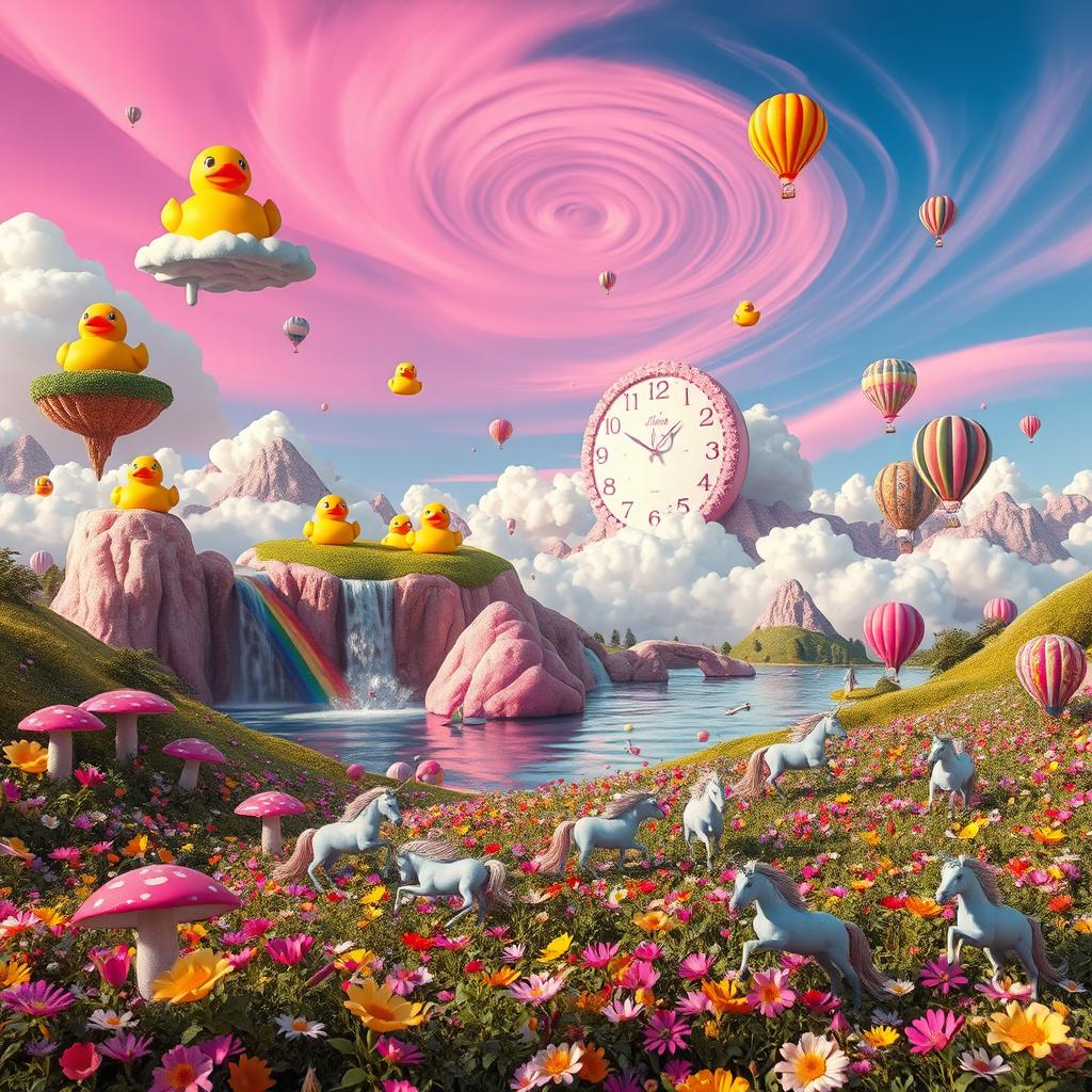 A surreal landscape where gravity is defied: floating islands of candy and giant rubber ducks hover in a vibrant pink sky