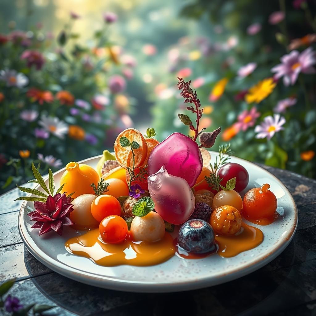 An artistic representation of a fantastical culinary creation, showcasing a vibrant dish that embodies flavors beyond the ordinary