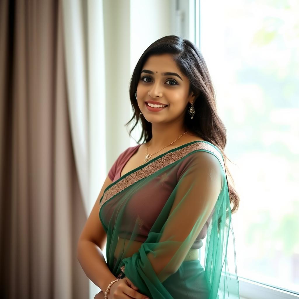 A beautiful young Indian woman wearing a deep green transparent net saree and a deep neckline blouse, standing gracefully indoors near a window