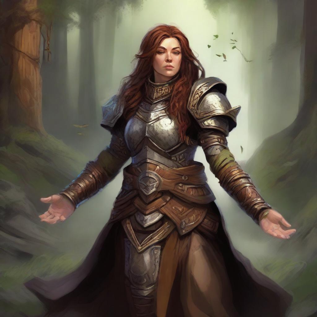 A dwarven female kineticist adorned in her heavy armor is surrounded by the soft humming energy of earth and wood elements as she descends into a deep, pacifying meditation.