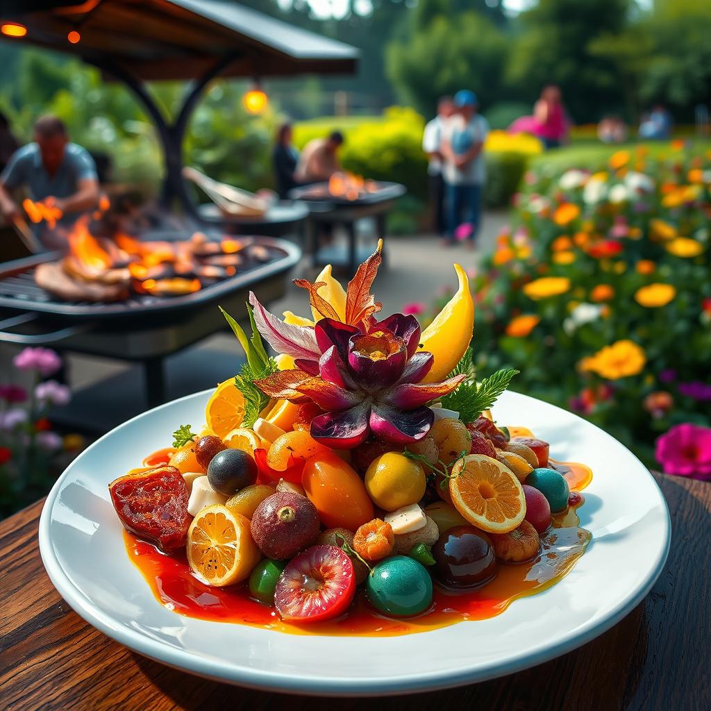 An artistic representation of a fantastical culinary creation, showcasing a vibrant dish that embodies flavors beyond the ordinary